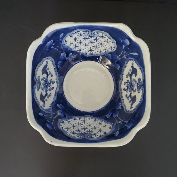 Rare Vintage Chinese Blueware Asian Porcelain Square Bowl Brocade Floral 7.5"W - Picture 4 of 8